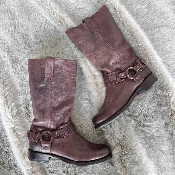 Frye Harness Leather Moto Biker Boots Size 7 Brown Slouch Western Round Toe - Picture 1 of 11
